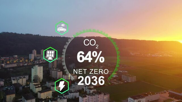 Net zero concept , carbon neutral concept. Net zero greenhouse gas emissions target. Climate neutral long term strategy2050. Net zero poligonal icons on Green forest landscape background. Corporate 4K