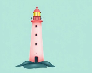 Charming pink lighthouse standing on rocky shores with a light on top. Ideal for children's illustrations, cartoons, and educational content.