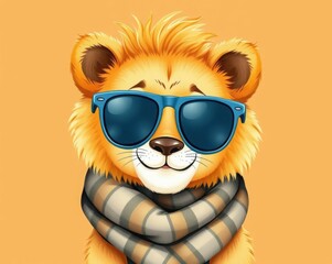 Fototapeta premium Charming cartoon lion wearing sunglasses and a cozy scarf against an orange background. Ideal for children's illustrations, educational materials, and fun cartoons.