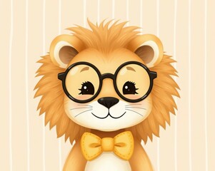 Obraz premium Adorable animated lion wearing glasses and a bow tie on a soft background. Ideal for children's illustrations, cartoons, and educational materials, perfect for sparking creativity!
