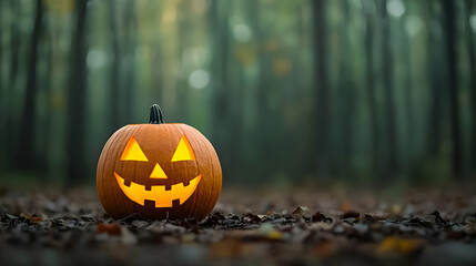 Glowing Jack-O-Lantern In Autumn Woods