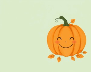 Adorable smiling pumpkin with rosy cheeks and playful leaves on a soft green background. Ideal for children's illustrations, cartoons, and seasonal decorations.