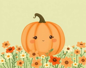 Adorable smiling pumpkin surrounded by vibrant flowers on a soft green background. Perfect for children's illustrations, cartoons, and seasonal educational materials.