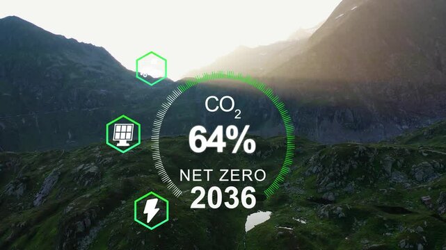 Net zero concept , carbon neutral concept. Net zero greenhouse gas emissions target. Climate neutral long term strategy2050. Net zero poligonal icons on Green forest landscape background. Corporate 4K