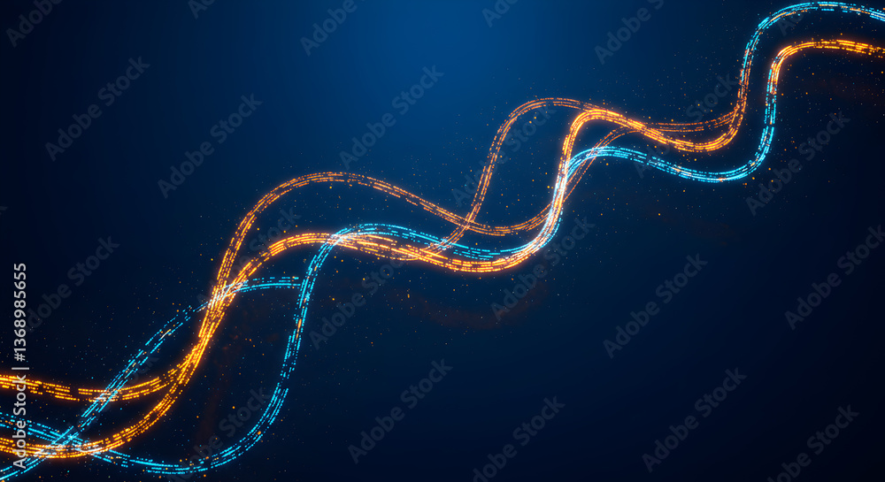 Poster dynamic light trails visualization representing digital networking on dark background