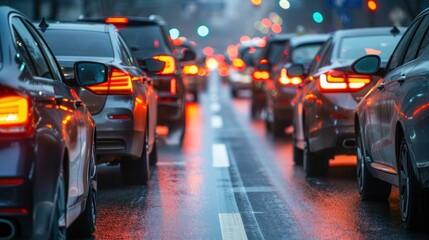 City Traffic Jam at Night: A View of Tail Lights in the Rain