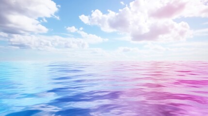 Fototapeta premium Serene pastel-hued ocean and sky. Soft colors blend seamlessly on the horizon line. A gentle ocean breeze whispers through the clouds