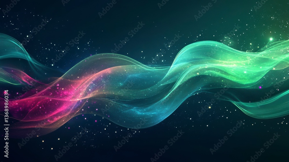 Poster abstract colorful wave with glowing particles on dark background.