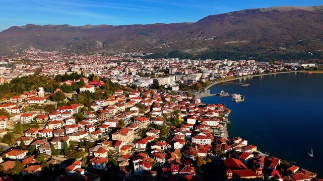 Drone shot of Varo&scaron;, the Old Town of Ohrid, Macedonia