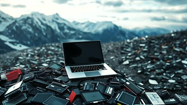 A dystopian landscape where mountains of e-waste stretch into the horizon, with a laptop balanced atop a pile of old printers and gaming consoles.