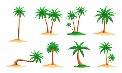 Obraz premium A collection of vibrant tropical palm trees in various shapes and sizes, set on sandy islands and grassy mounds. This high-quality vector-style illustration is perfect for beach-themed designs.