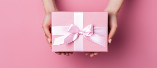 Pink Gift Box with Ribbon Held by Hands