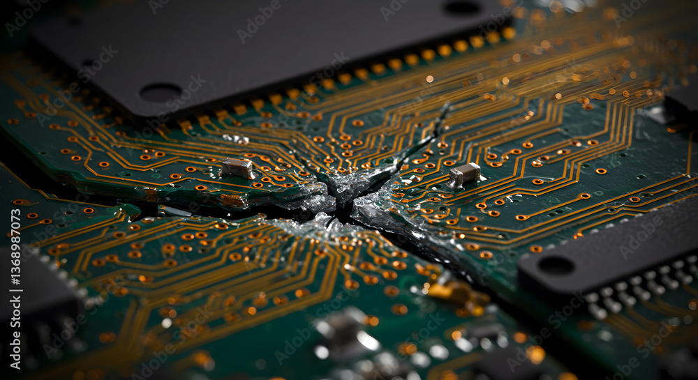 Poster fractured realities a close-up view of a damaged computer circuit board