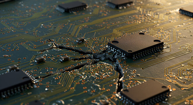 Detailed close-up reveals cracks on a damaged computer circuit board surface