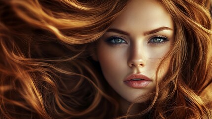 Fototapeta premium Beautiful woman with red hair portrait close up fashion model with striking blue eyes and flawless skin tone