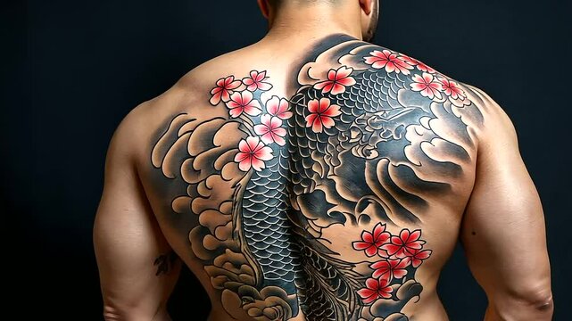 A heavily tattooed back covered in an epic full-body Japanese Irezumi piece, a dramatic dragon intertwined with cherry blossoms in rich, detailed ink.