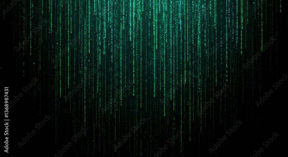 Poster cascading digital data streams in verdant hues against a dark void background