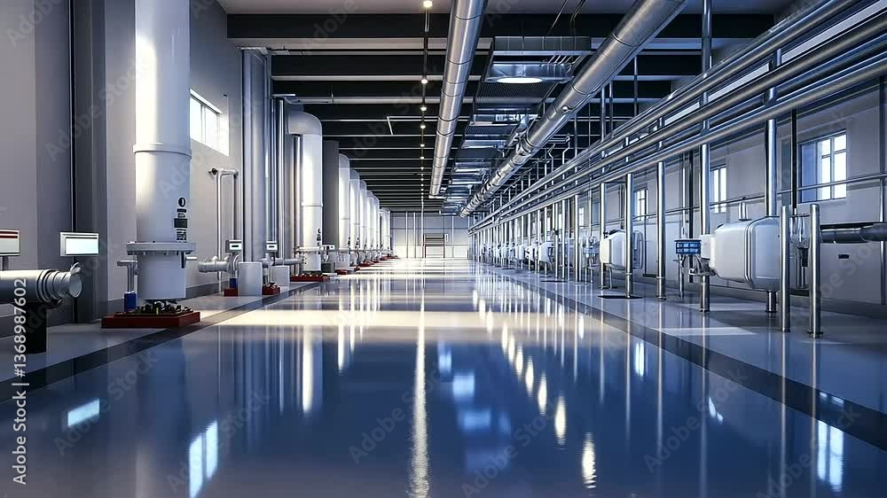Poster a high-tech industrial facility featuring color-coded pipes and automated control systems, ensuring 