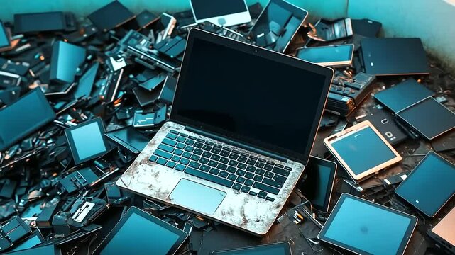A laptop with a cracked screen sits on top of a chaotic pile of obsolete gadgets, its faded keyboard barely visible under the layers of discarded technology.