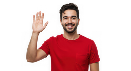 A cheerful young man in a red shirt giving a friendly wave, a bright and welcoming gesture against a clean white background.