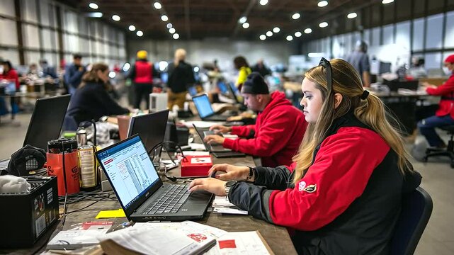 A makeshift emergency operations center with responders coordinating rescue efforts via laptops and communication radios, maps and supply lists covering the tables.