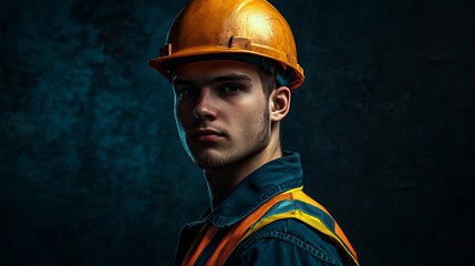 Portrait of young construction worker wearing hard hat safety vest construction site safety gear builder