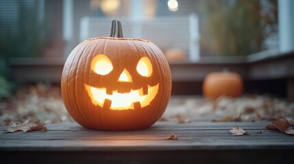Jack-o'-lantern on a wooden deck.  Autumnal Halloween decoration