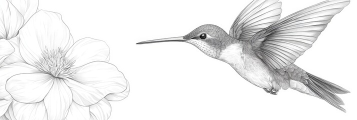 Fototapeta premium Hummingbird flies towards blossoming flower pencil drawing