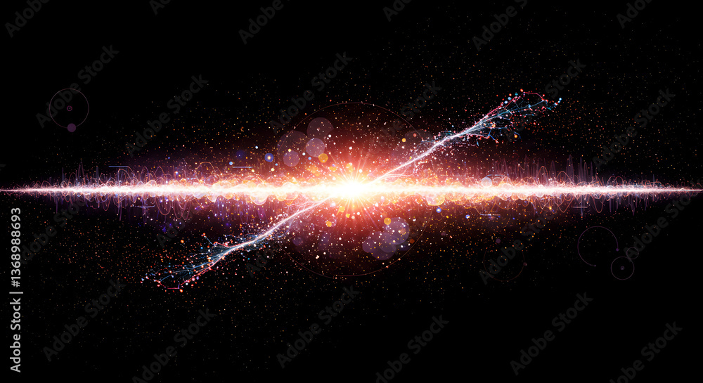 Poster quantum entanglement representation with shimmering particles on black background