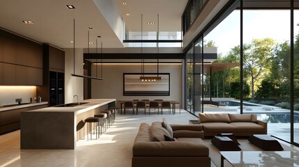 Fototapeta premium Luxurious modern living space with an open concept, inviting natural light and a serene view of the outdoors near a tranquil swimming pool