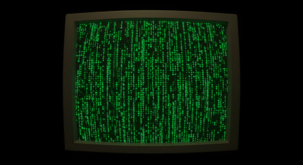 Retro CRT screen displays digital rain effect, evoking a sense of vintage technology