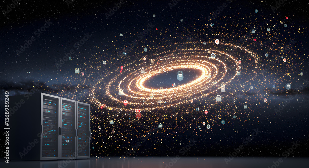 Poster data galaxy: network infrastructure connects global data in a celestial swirl
