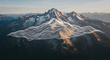 Digital Wireframe Overlays Majestic Mountain Range Revealing Underlying Structure