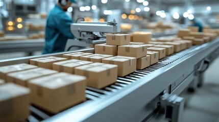 Obraz premium Conveyor belt with packages in distribution center 
