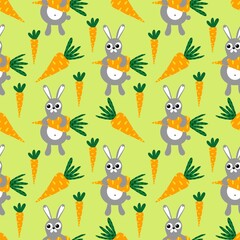 Naklejka premium Cute cartoon rabbit and carrot seamless spring pattern for kids clothes print and wrapping paper and fabrics