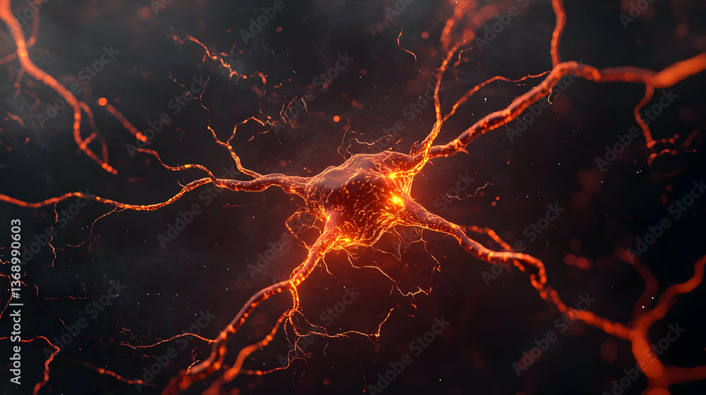 Poster detailed glowing neuron with orange particles