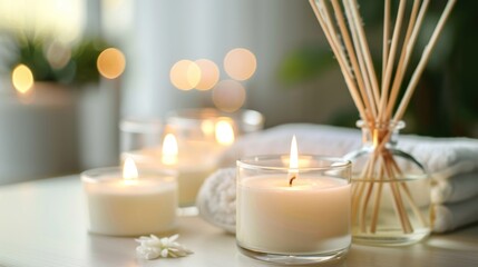 Burning Candles, Reed Diffuser, and Flowers on a White Table