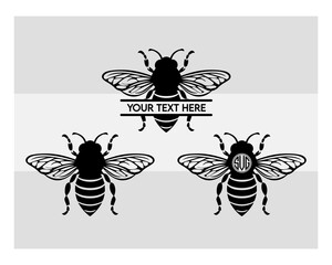 Bee Svg, Bumble Bee Svg, Honey Bee Silhouette, Animals Svg, Bee Clipart Svg, Honeybee Svg, Silhouette, Vcetor, Outline, Bee Monogram, Split Monogram, Circle Monogram,