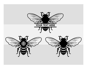 Bee Svg, Bumble Bee Svg, Honey Bee Silhouette, Animals Svg, Bee Clipart Svg, Honeybee Svg, Silhouette, Vcetor, Outline, Bee Monogram, Split Monogram, Circle Monogram,