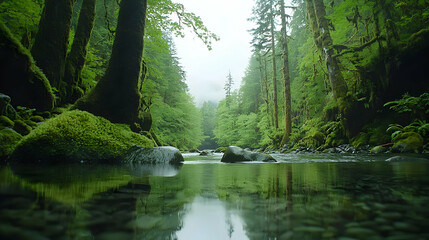 Obraz premium Serene Green Forest Scene with River Reflecting Trees and Sky Under Cloudy Day