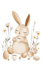 Obraz premium Cute easter bunny with tea and eggs among flowers