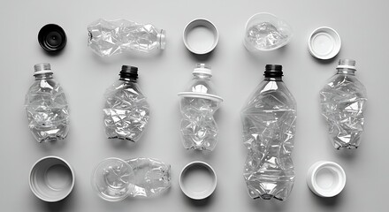 Crushed Plastic Bottles and Caps on Gray Background Recycling Concept