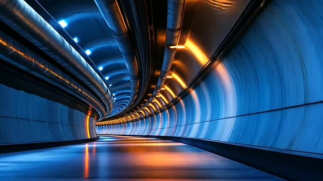 An underground district heating system, showing enormous insulated pipelines running through a tunnel, illuminated by industrial lamps hanging from the ceiling.
