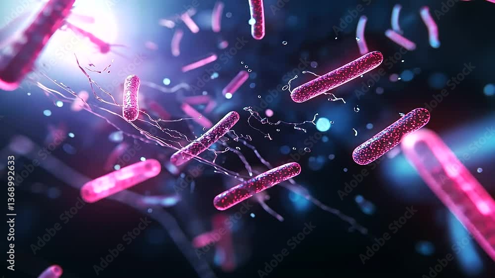 Poster artistic macro rendering of rod-shaped and spherical gut bacteria, dynamically moving in a nutrient-