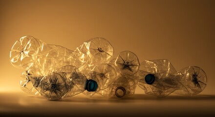 Crushed Plastic Bottles Recycled Waste on Brown with Light Environmental Concept