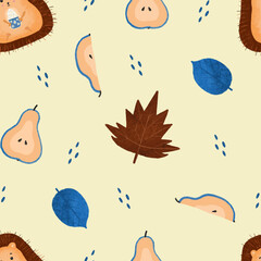 Seamless autumn pattern with a cute hedgehog holding cocoa, whole pear, pear half, falling leaves, and raindrops. Cozy fall design in warm, soft colors.