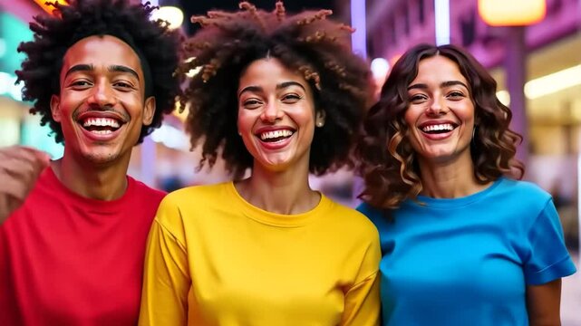 Three cheerful young friends smiling and dancing together in colorful city lights. Vibrant urban portrait perfect for youth lifestyle, friendship, and diversity concepts,  4K, motion