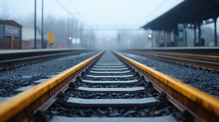Empty industrial rail platform with steel tracks in foggy setting  