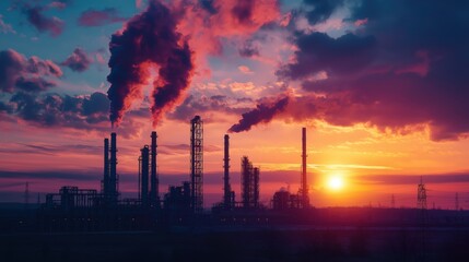 Industrial landscape in shadow with vibrant sunset  