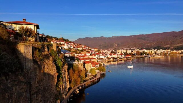 Drone shot of Ohrid boardwalk and Lake Ohrid